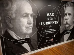 Sign advertising the "War of the Currents" exhibit at SPARK Museum in Bellingham, WA.